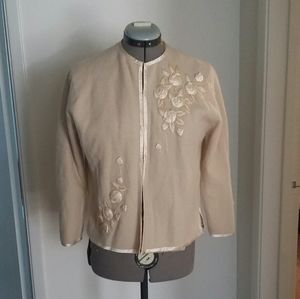 Vintage Tan Ivory Embroidered Floral Cardigan